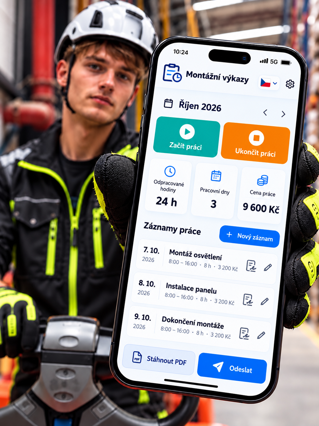 Pracovník drží telefon s vizuálem aplikace EasyVýkaz, přehledem hodin, cenou práce a tlačítky pro odeslání PDF.